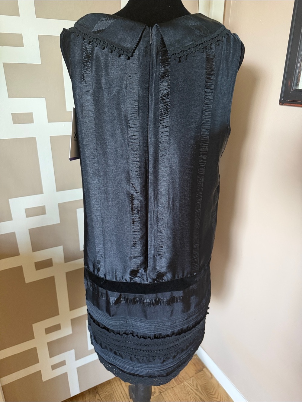 Anna Sui Black Satiny Sleeveless Dress w/Lace & Pintuck Details, Sz M NWT - Picture 8 of 9